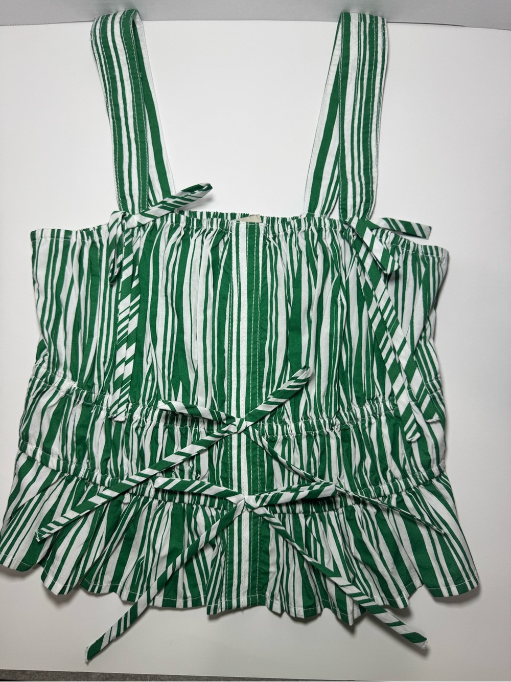 LOFT Green and White Striped Smocked Crop Tank